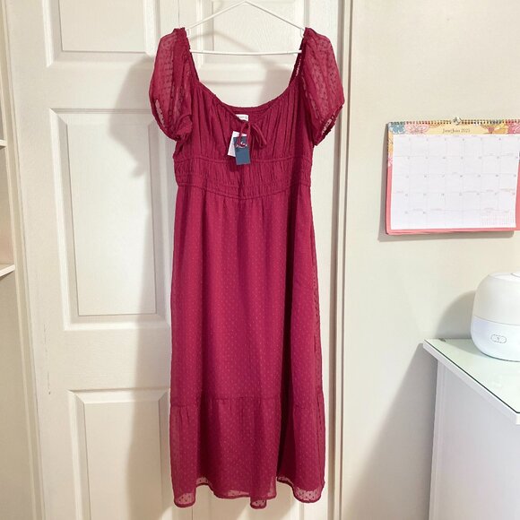 Hollister Dark Pink Maxi Dress XL Short Puff Sleeves - Picture 1 of 5